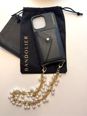 Bandolier iPhone 15 pro max Emelia case and long pearl wristlet